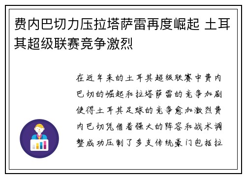 费内巴切力压拉塔萨雷再度崛起 土耳其超级联赛竞争激烈