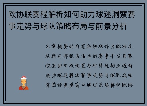 欧协联赛程解析如何助力球迷洞察赛事走势与球队策略布局与前景分析
